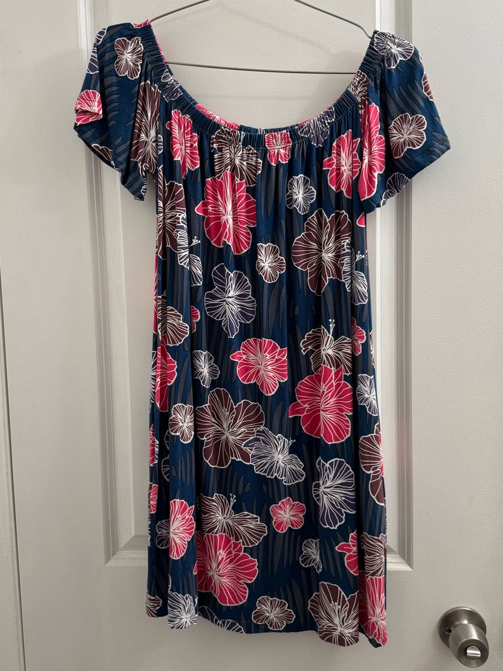 Fighting Eel Ava Sky Navy Blue with Pink & Purple Floral Off-Shoulder Dress